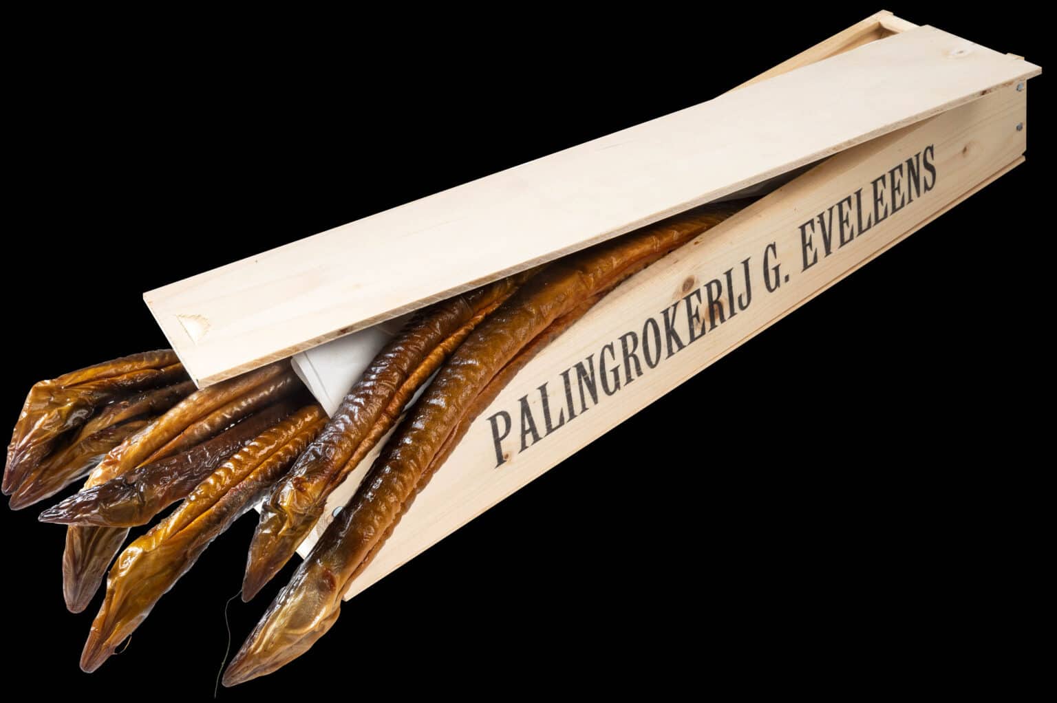 Gerookte paling in geschenkverpakking houten kist • Palingrokerij Eveleens